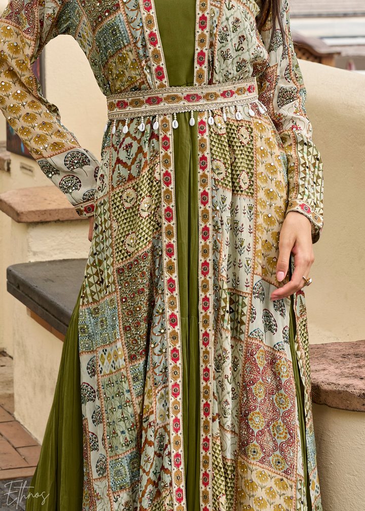 Olive Green Patchwork Printed Crepe Shrug Georgette Gown Set