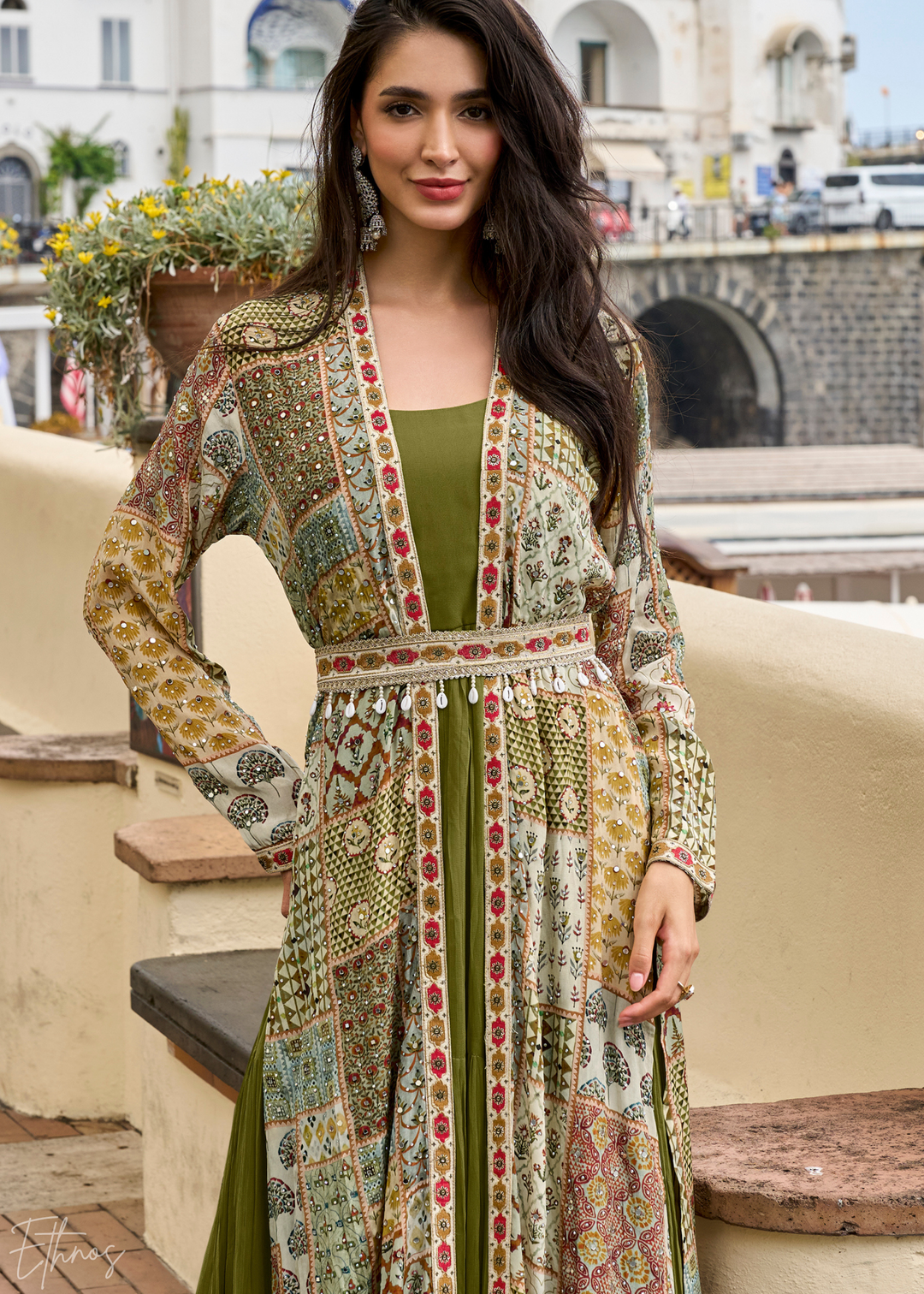 Olive Green Patchwork Printed Crepe Shrug Georgette Gown Set