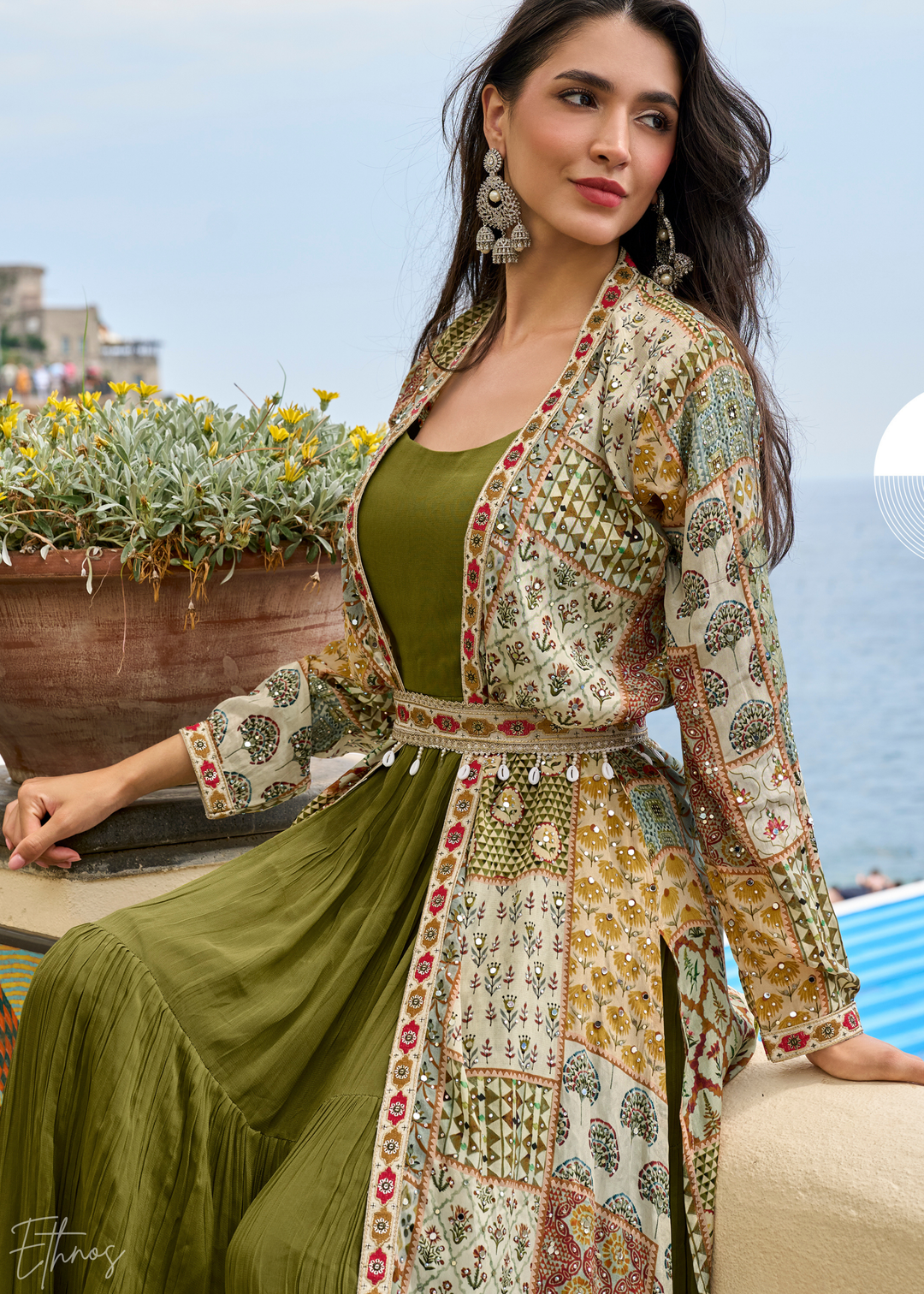Olive Green Patchwork Printed Crepe Shrug Georgette Gown Set