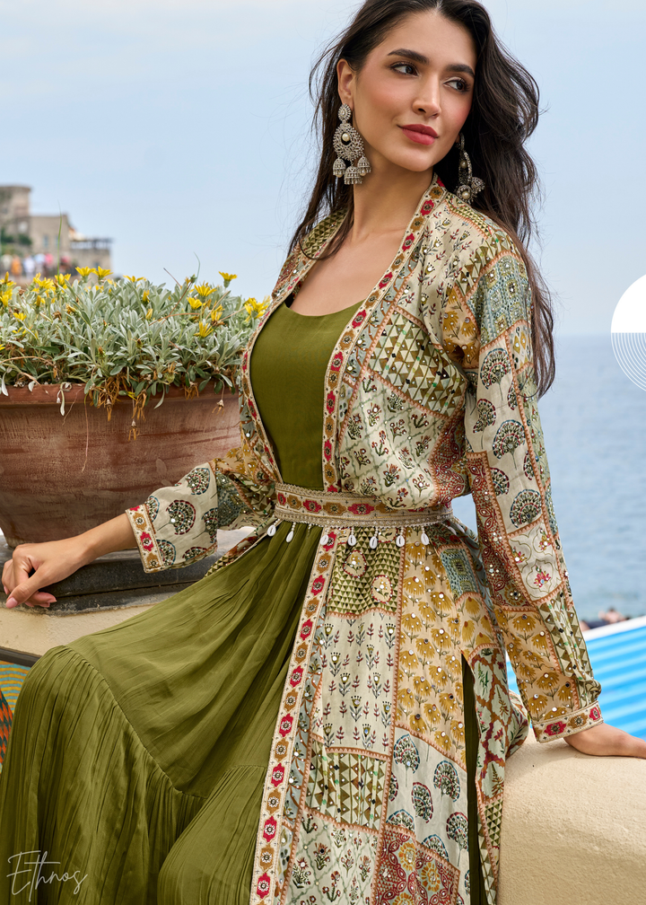 Olive Green Patchwork Printed Crepe Shrug Georgette Gown Set