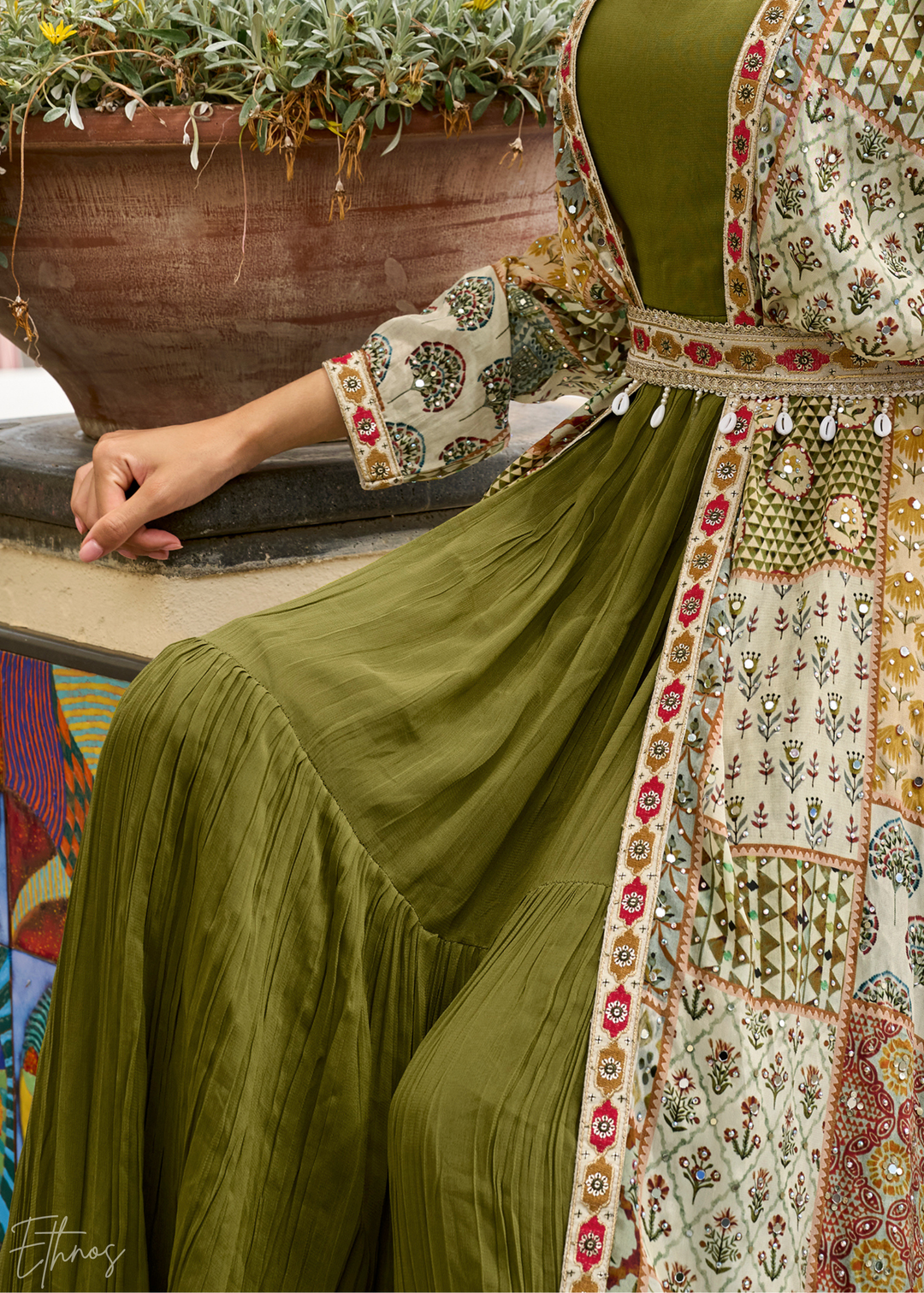 Olive Green Patchwork Printed Crepe Shrug Georgette Gown Set