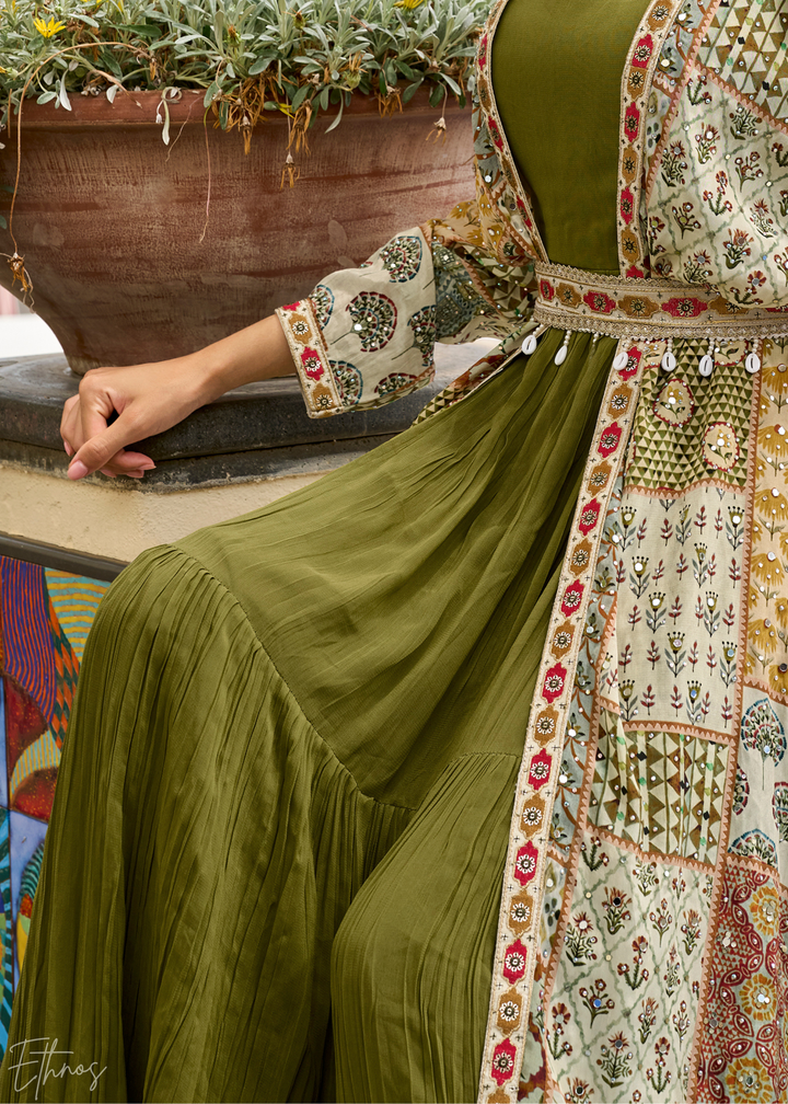 Olive Green Patchwork Printed Crepe Shrug Georgette Gown Set