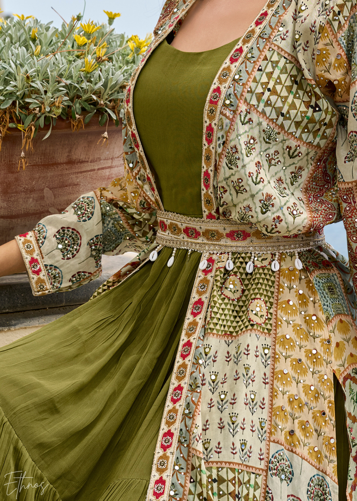 Olive Green Patchwork Printed Crepe Shrug Georgette Gown Set