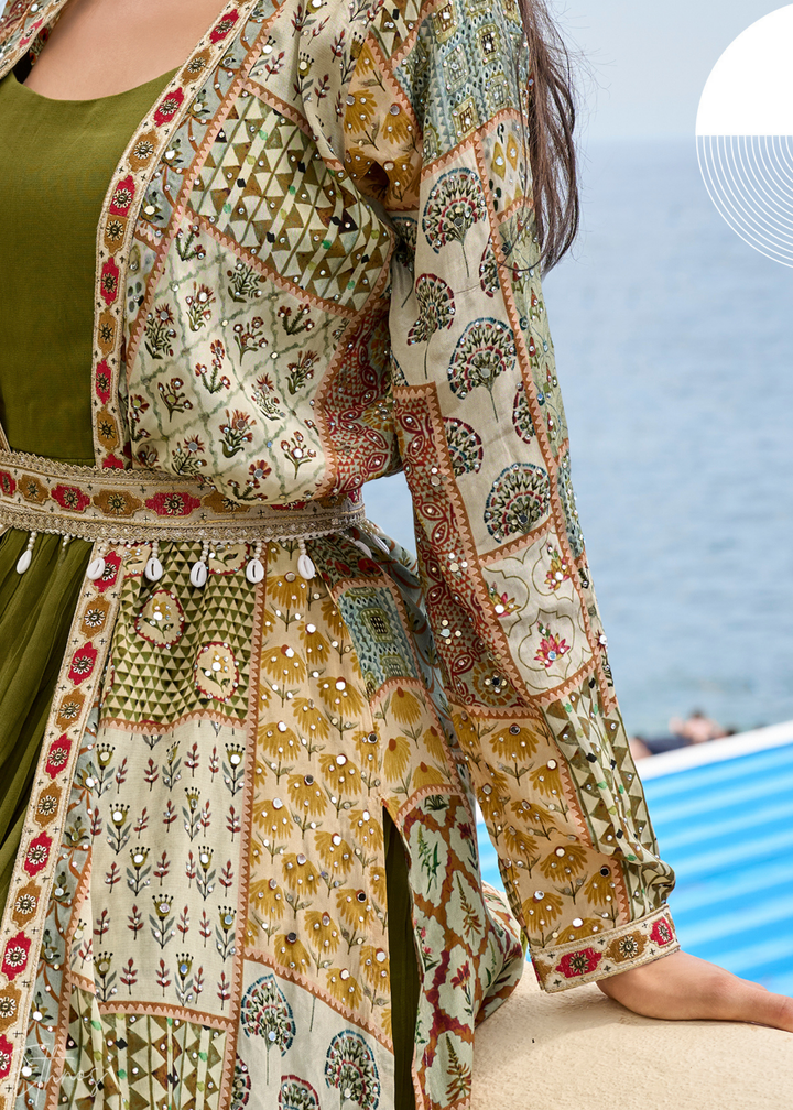 Olive Green Patchwork Printed Crepe Shrug Georgette Gown Set