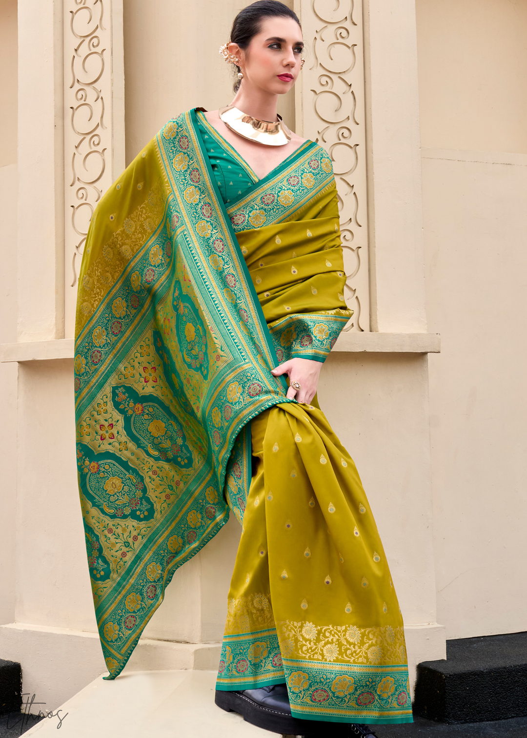 Olive Green Banarasi Silk Saree