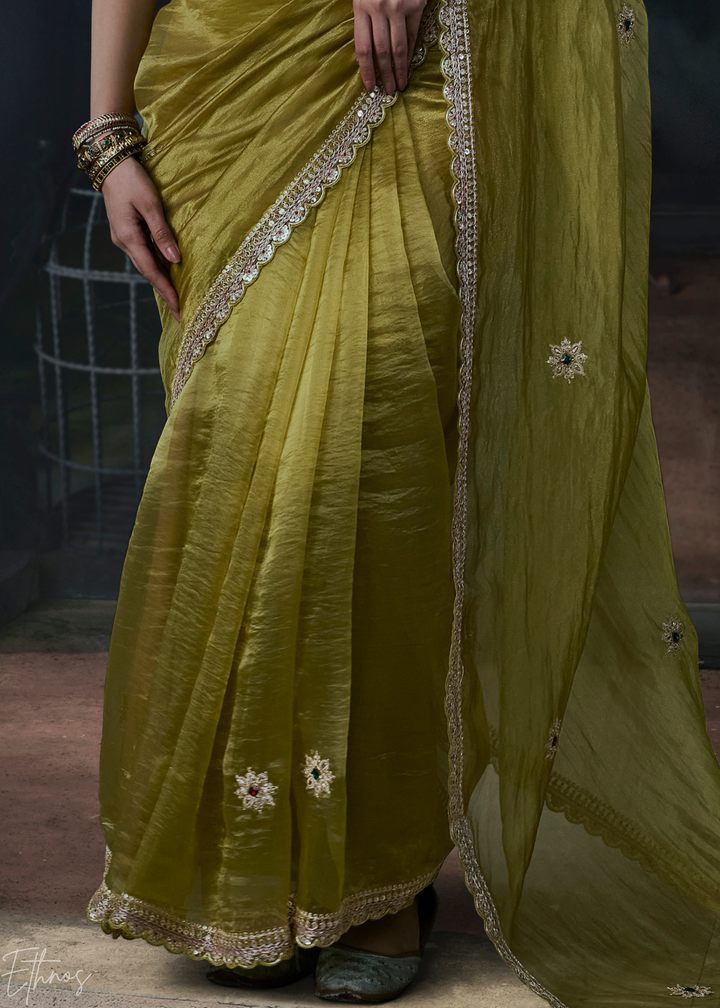 Olive Green Scattered Motif Organza Silk Saree