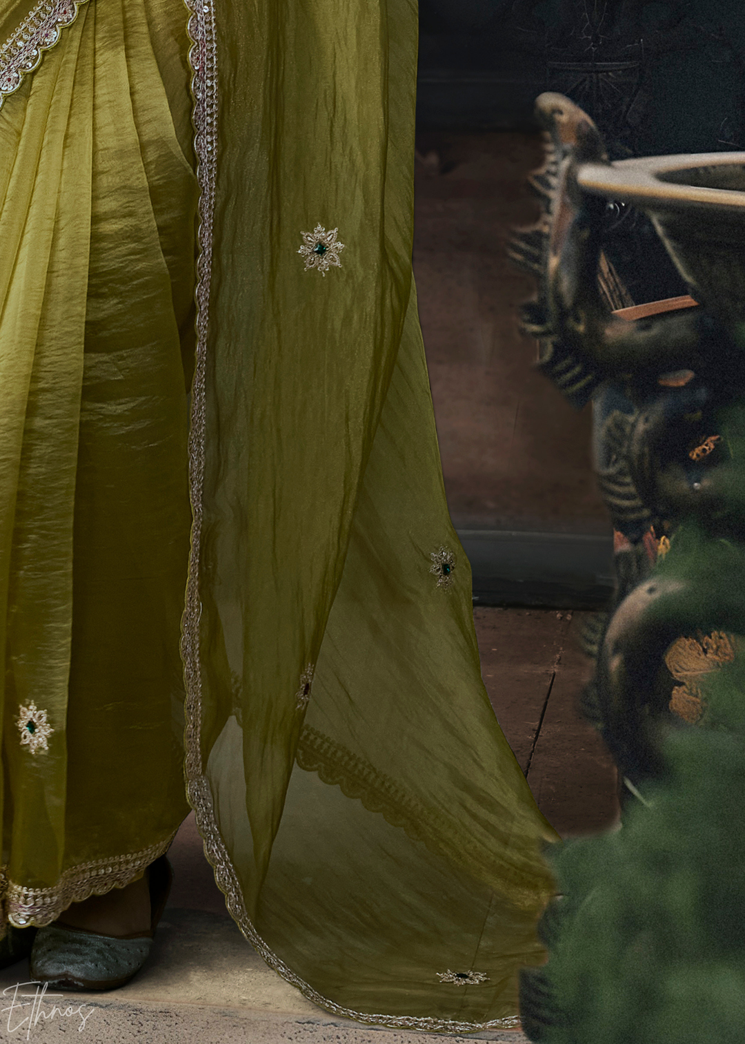 Olive Green Scattered Motif Organza Silk Saree