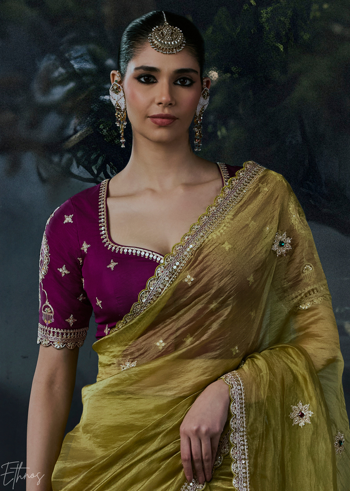 Olive Green Scattered Motif Organza Silk Saree