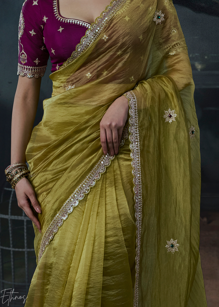 Olive Green Scattered Motif Organza Silk Saree