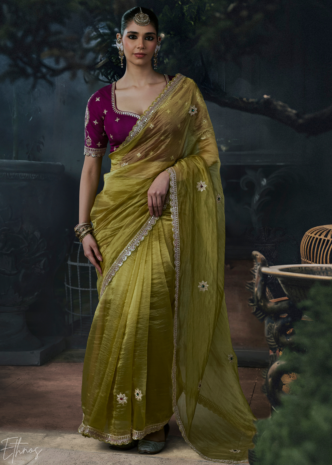 Olive Green Scattered Motif Organza Silk Saree