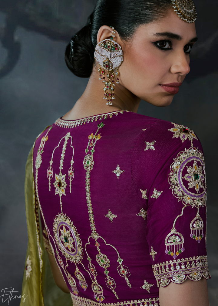 Olive Green Scattered Motif Organza Silk Saree