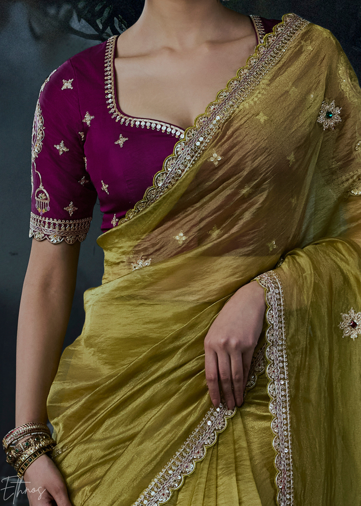 Olive Green Scattered Motif Organza Silk Saree