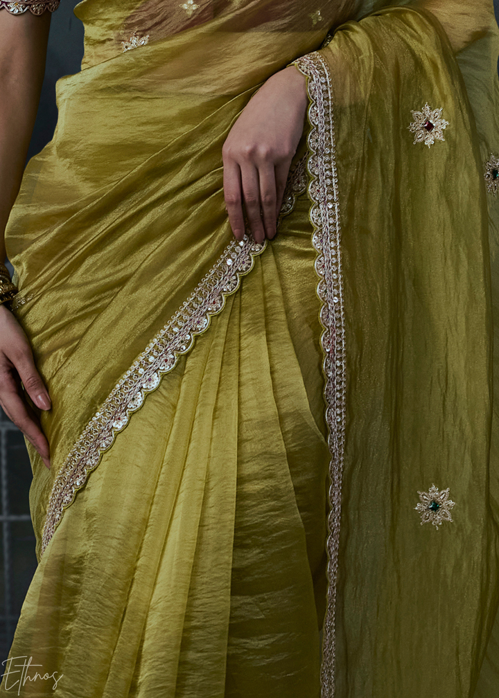 Olive Green Scattered Motif Organza Silk Saree