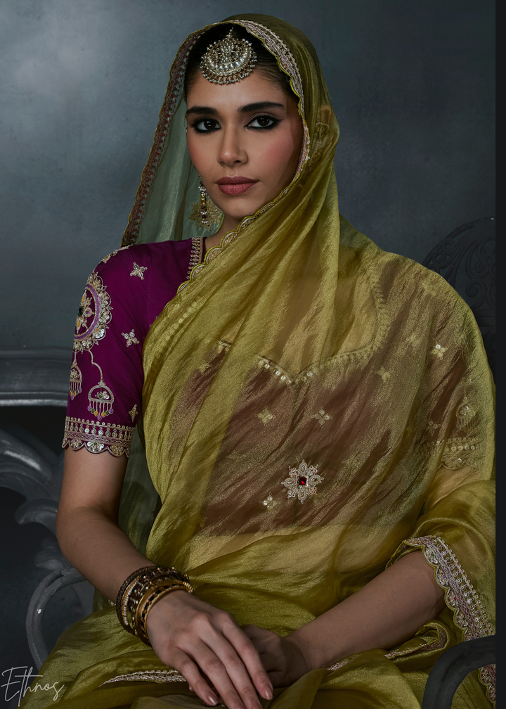 Olive Green Scattered Motif Organza Silk Saree