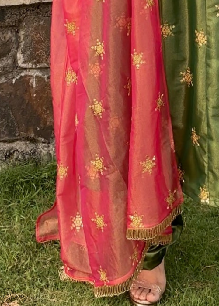 Olive Green Scattered Star Motif Cosmos Silk Suit