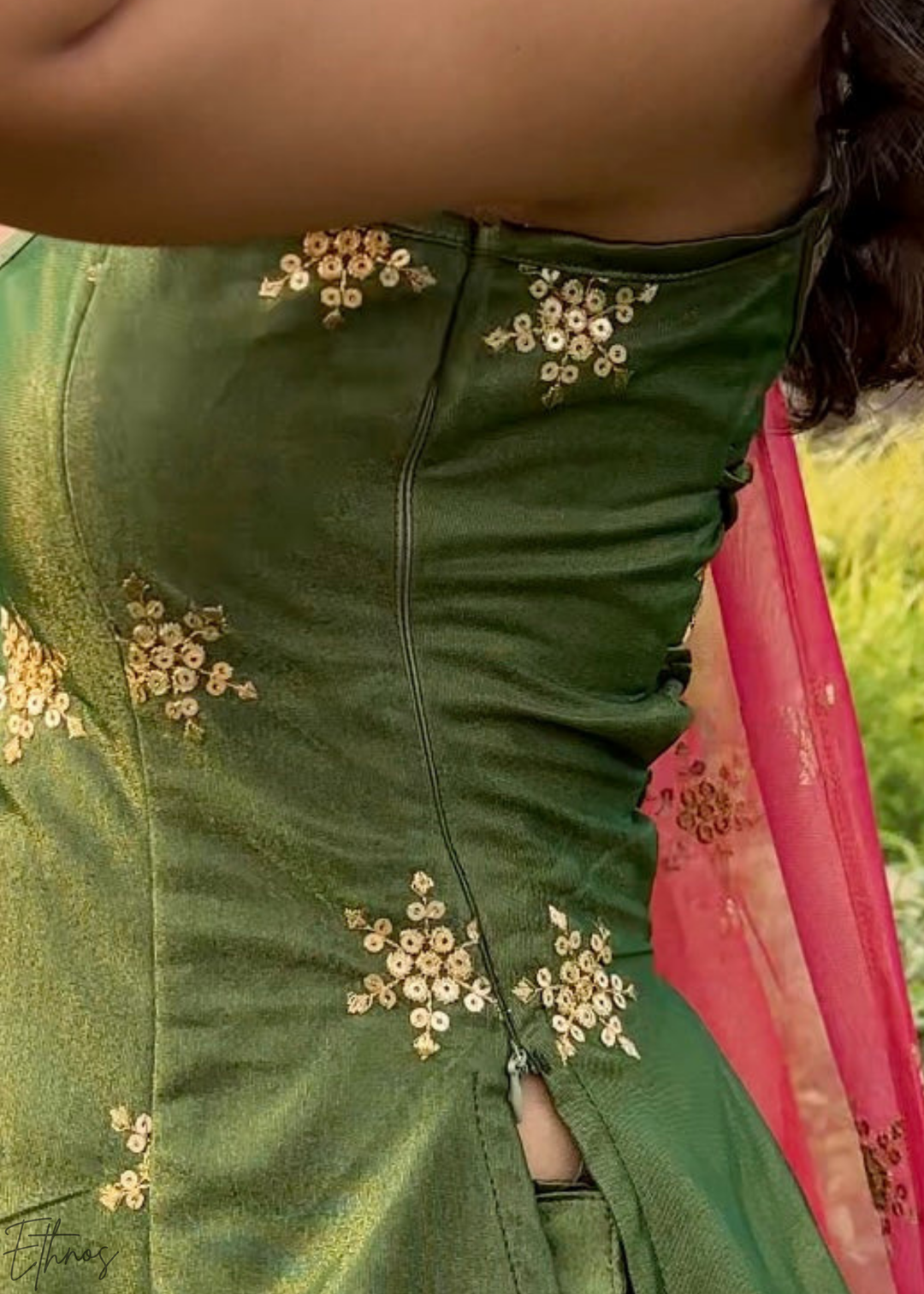 Olive Green Scattered Star Motif Cosmos Silk Suit