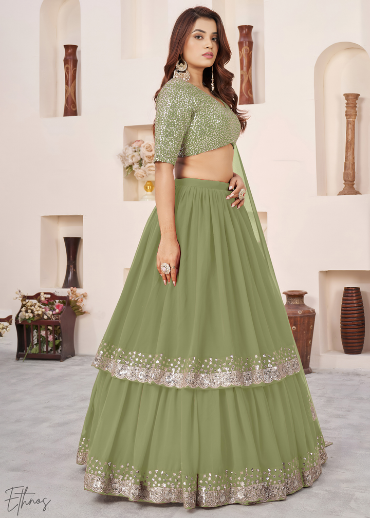 Olive Green Sequins Georgette Lehenga