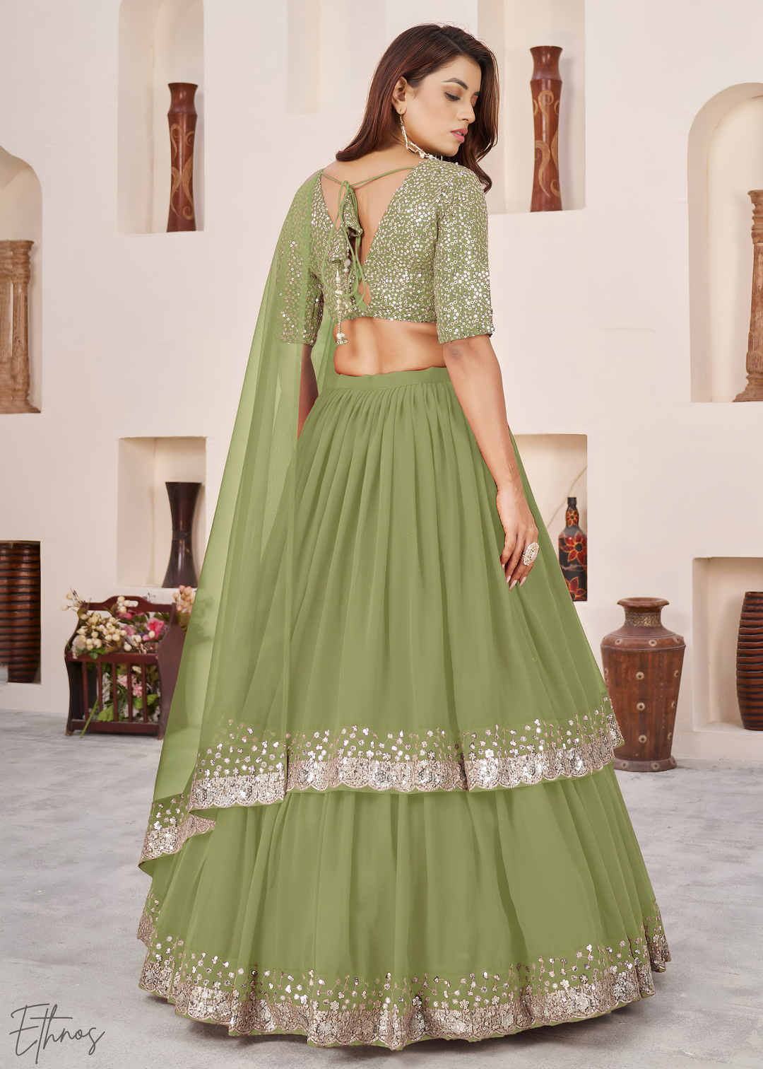 Olive Green Sequins Georgette Lehenga