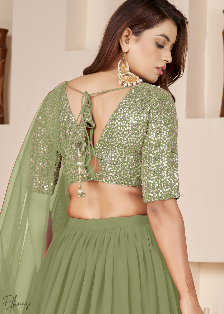 Olive Green Sequins Georgette Lehenga