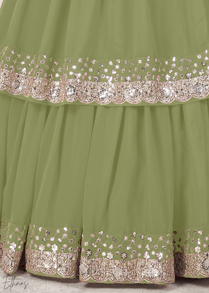 Olive Green Sequins Georgette Lehenga