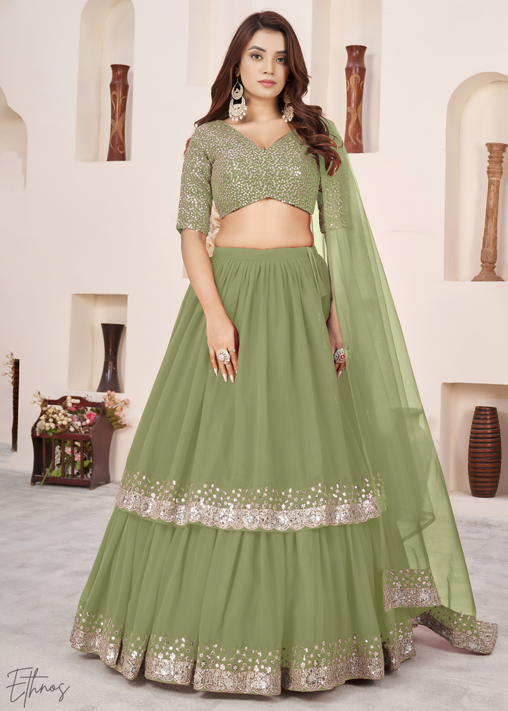 Olive Green Sequins Georgette Lehenga