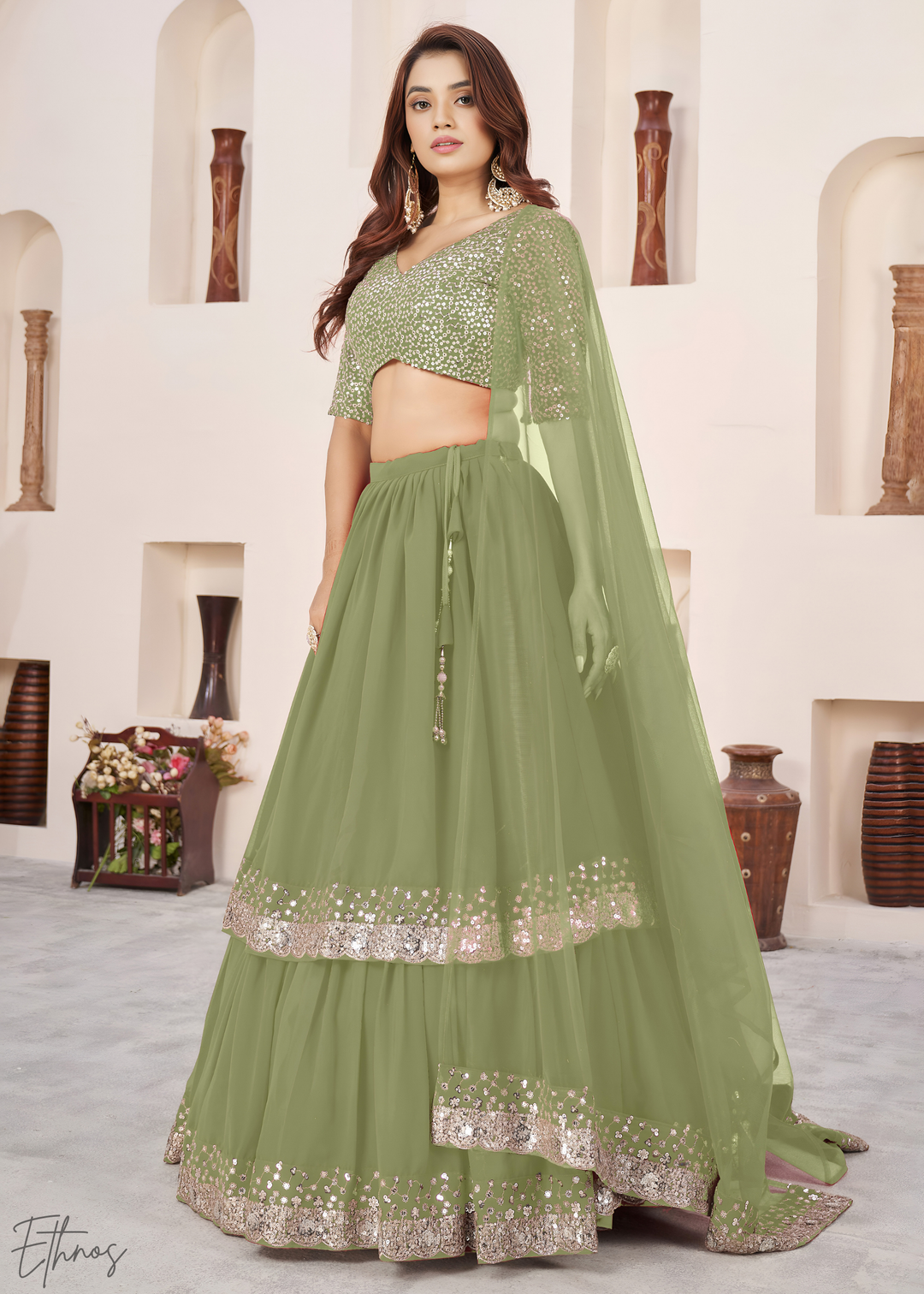Olive Green Sequins Georgette Lehenga