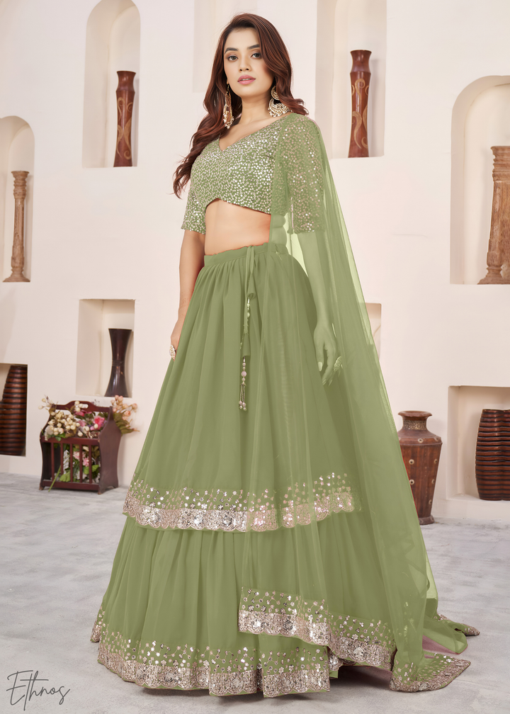 Olive Green Sequins Georgette Lehenga
