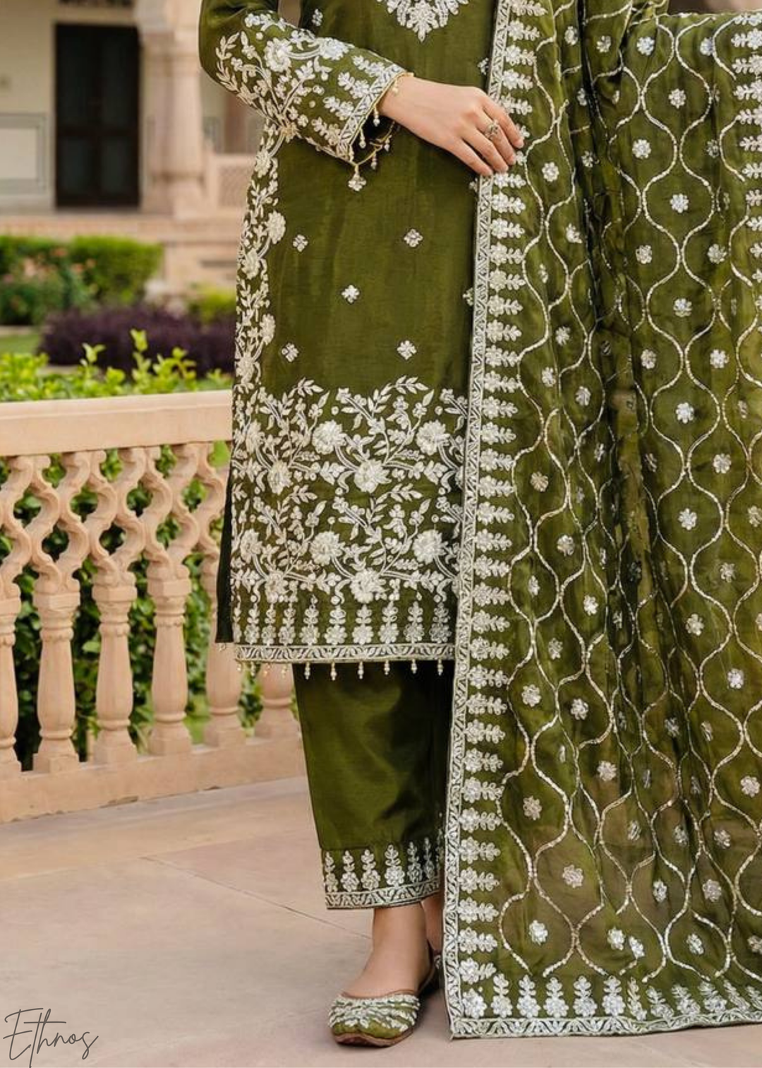 Olive Green Silk Embroidered Silk Palazzo Suit