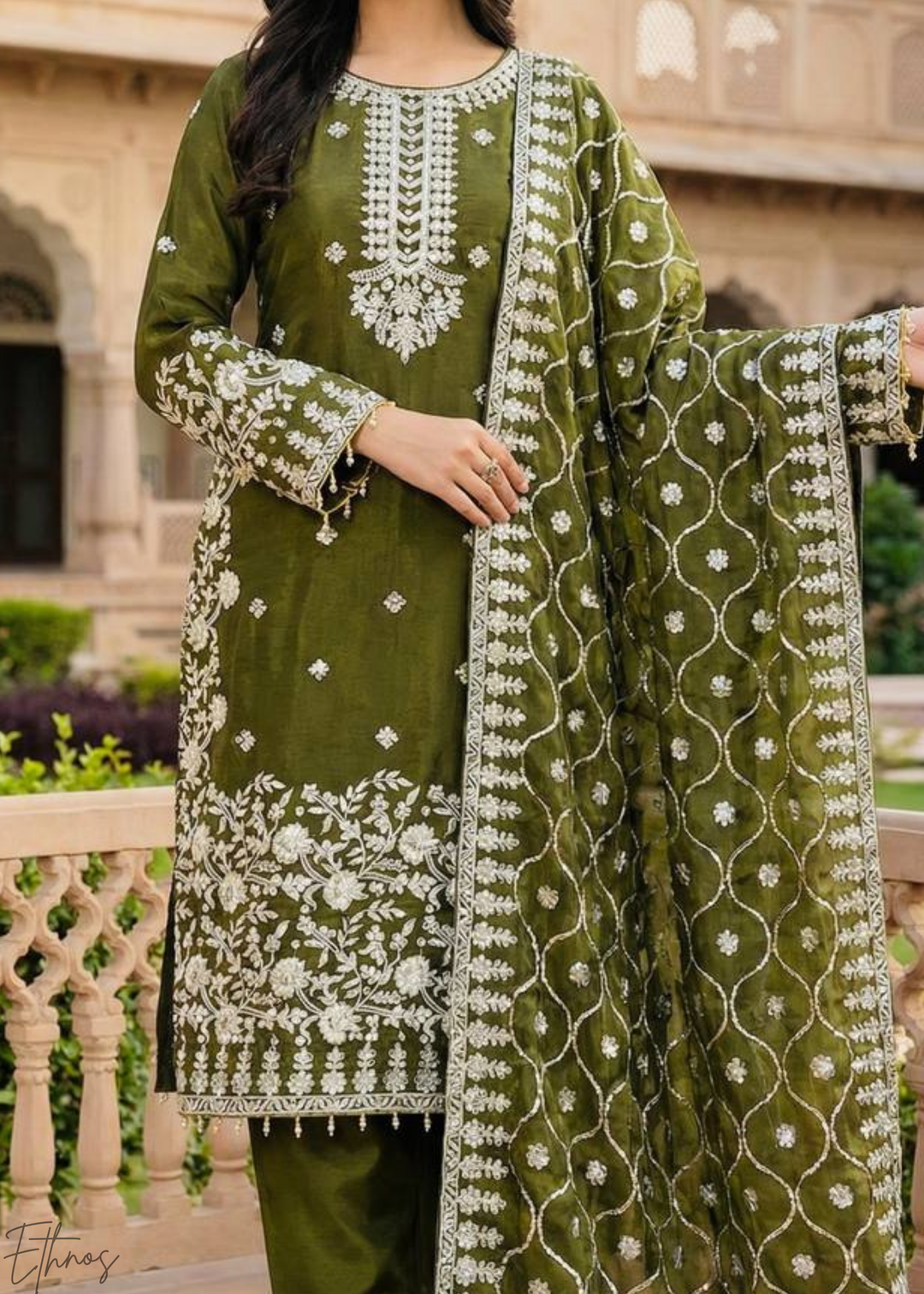 Olive Green Silk Embroidered Silk Palazzo Suit