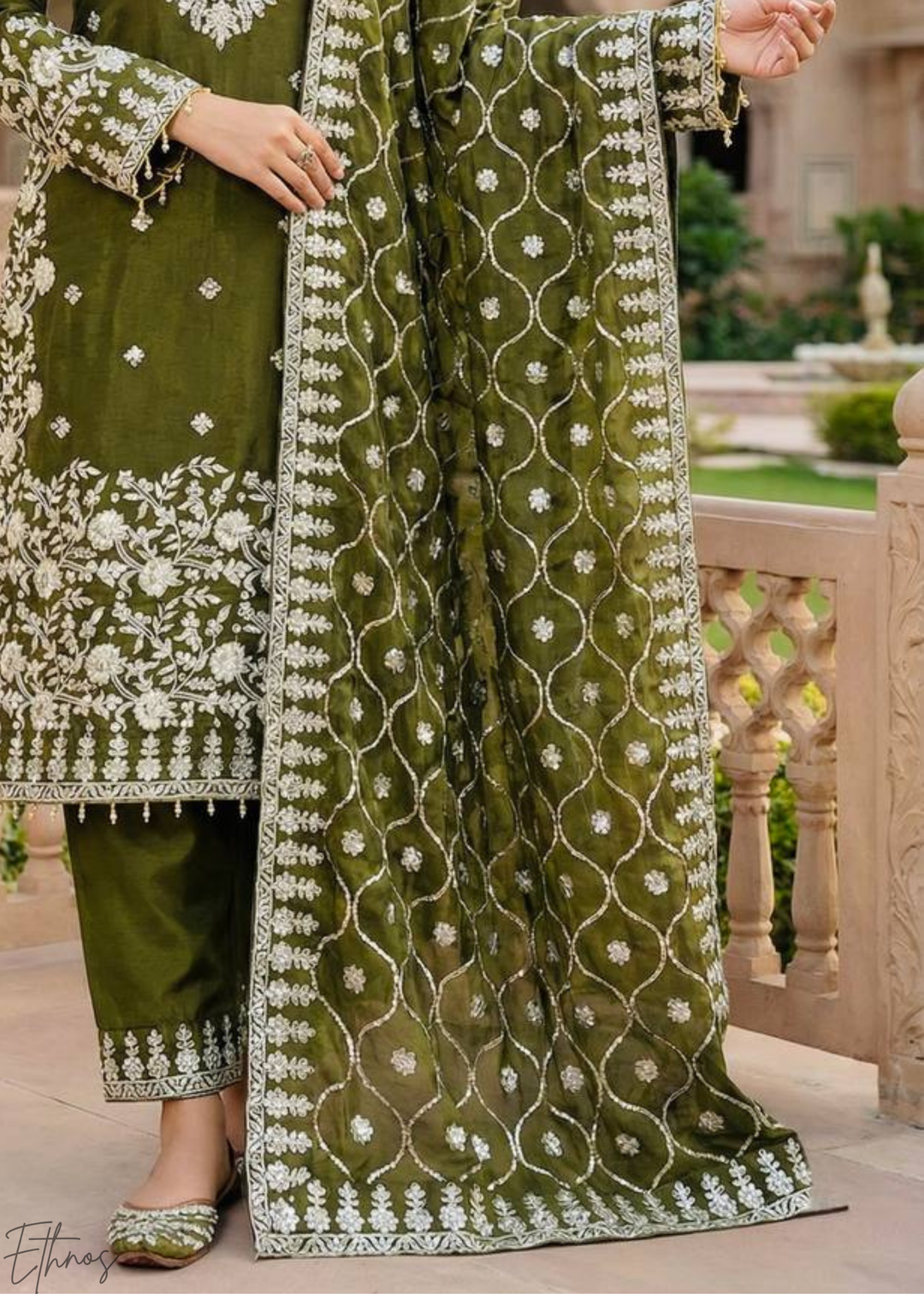 Olive Green Silk Embroidered Silk Palazzo Suit