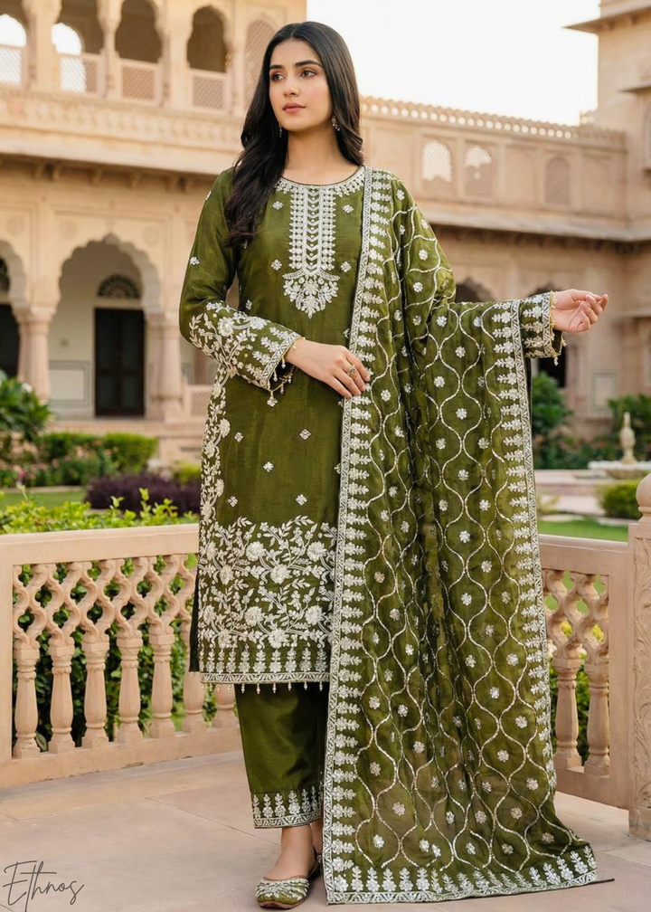 Olive Green Silk Embroidered Silk Palazzo Suit