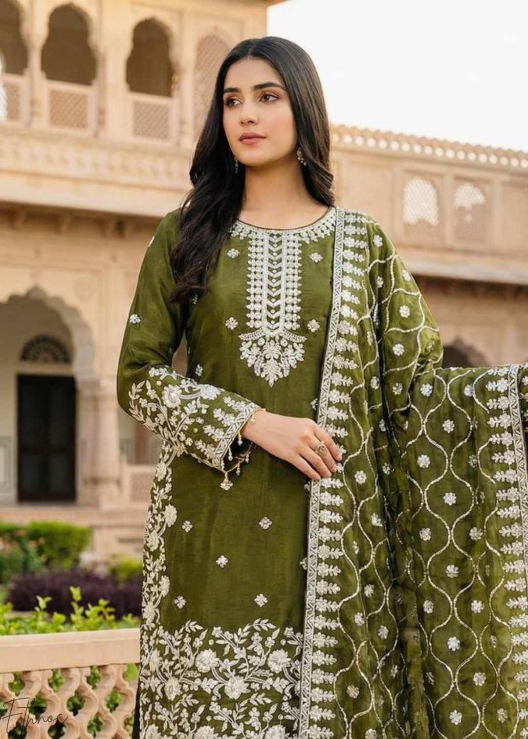Olive Green Silk Embroidered Silk Palazzo Suit