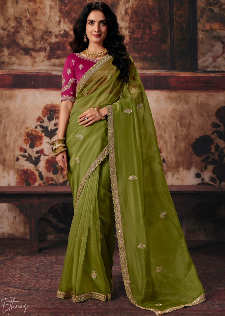 Olive Green Traditional Hem Organza Saree