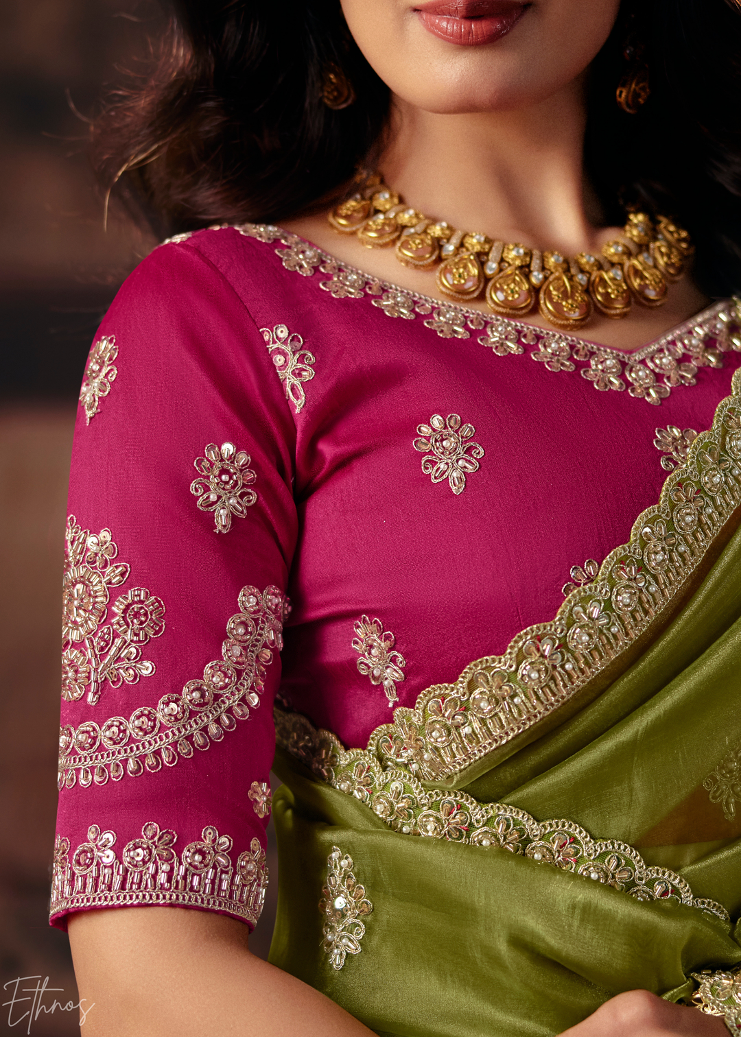 Olive Green Traditional Hem Organza Saree