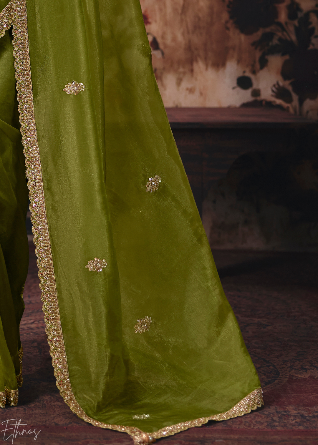 Olive Green Traditional Hem Organza Saree
