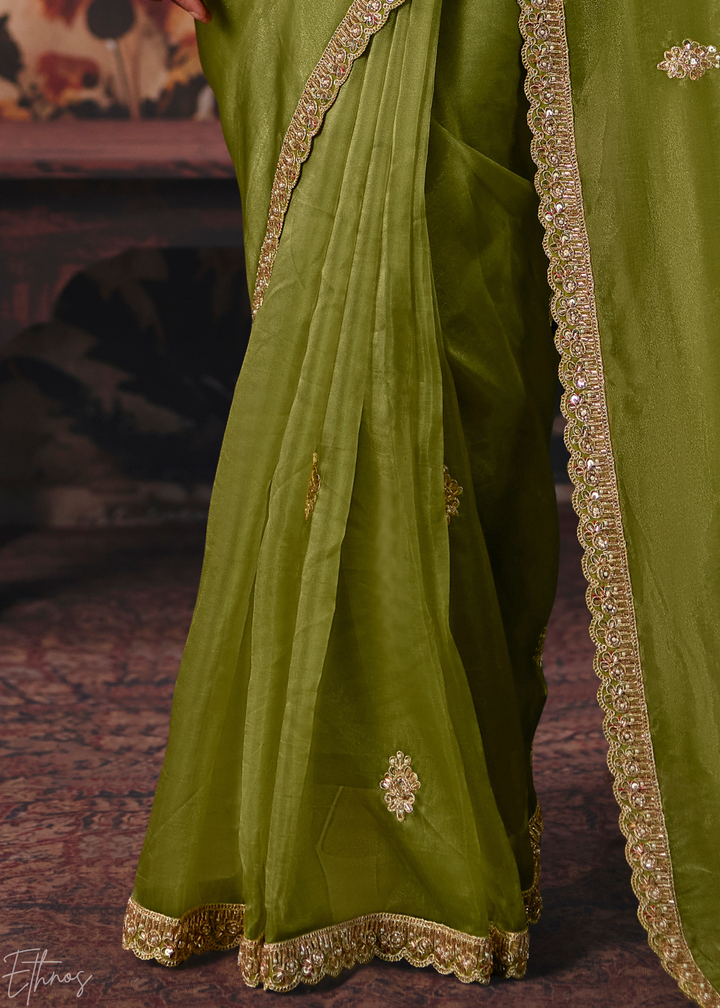 Olive Green Traditional Hem Organza Saree