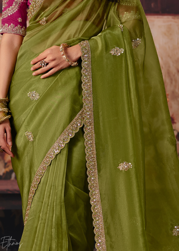 Olive Green Traditional Hem Organza Saree