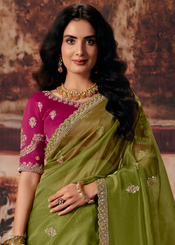 Olive Green Traditional Hem Organza Saree