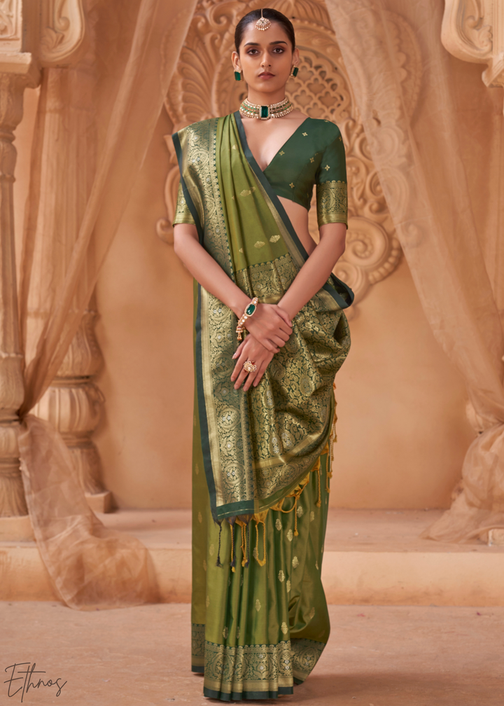 Olive Green Traditional Zari Woven Silk Saree