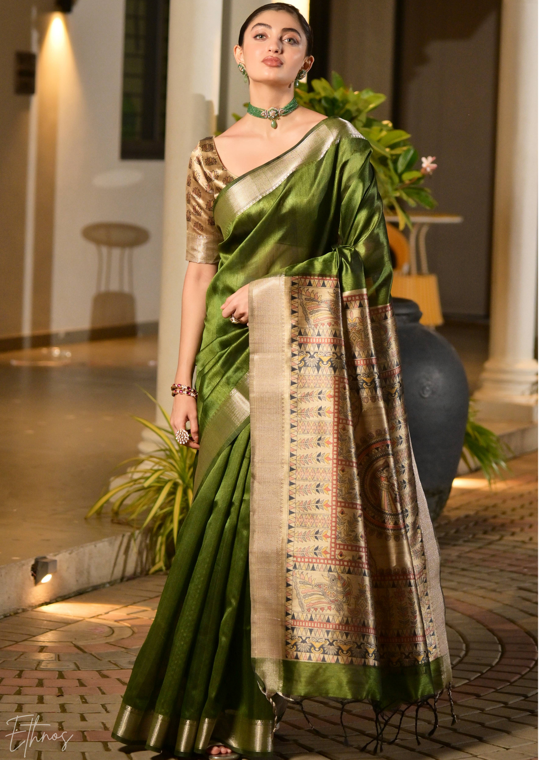 Olive Green Zari Tussar Silk Saree