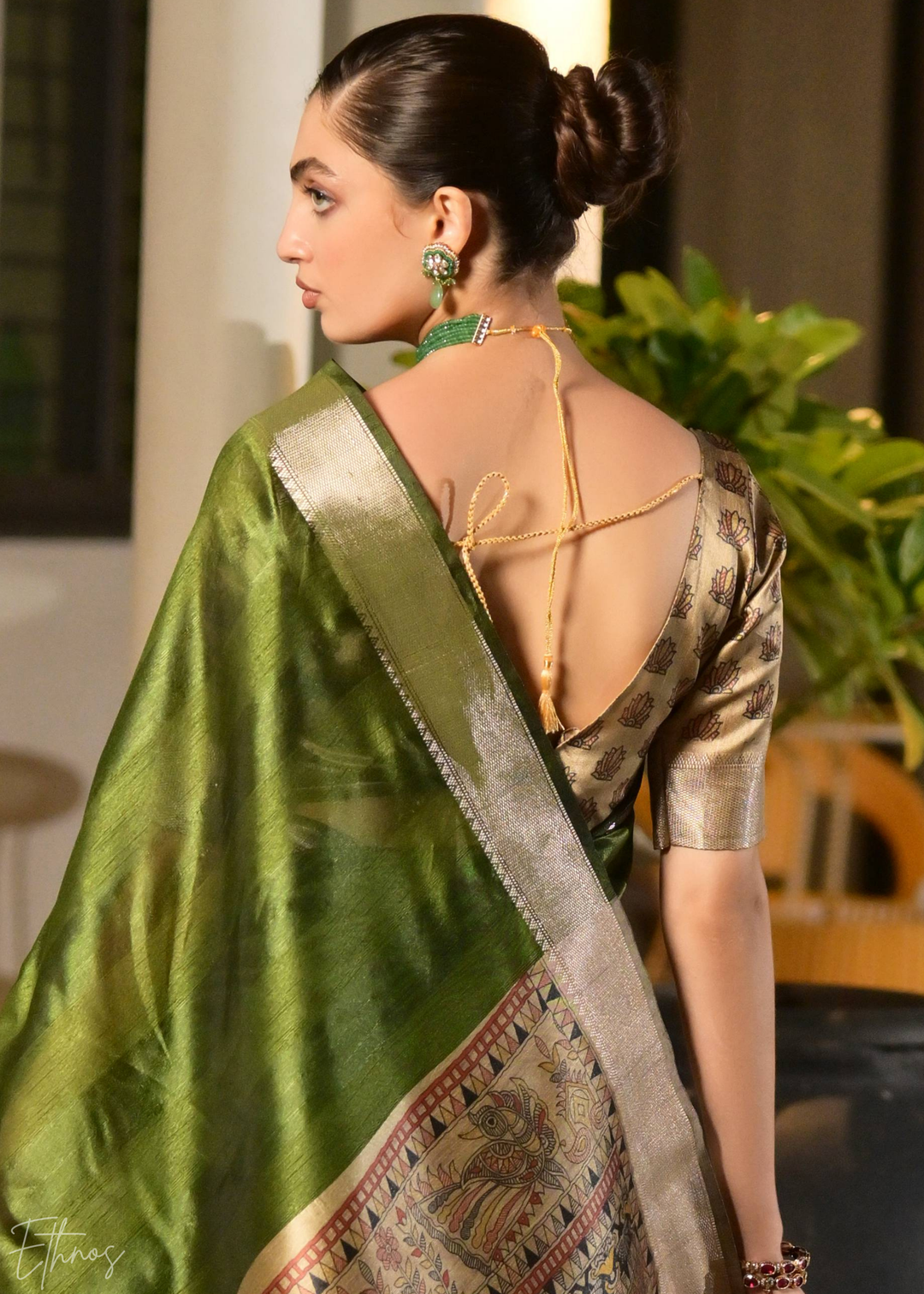 Olive Green Zari Tussar Silk Saree