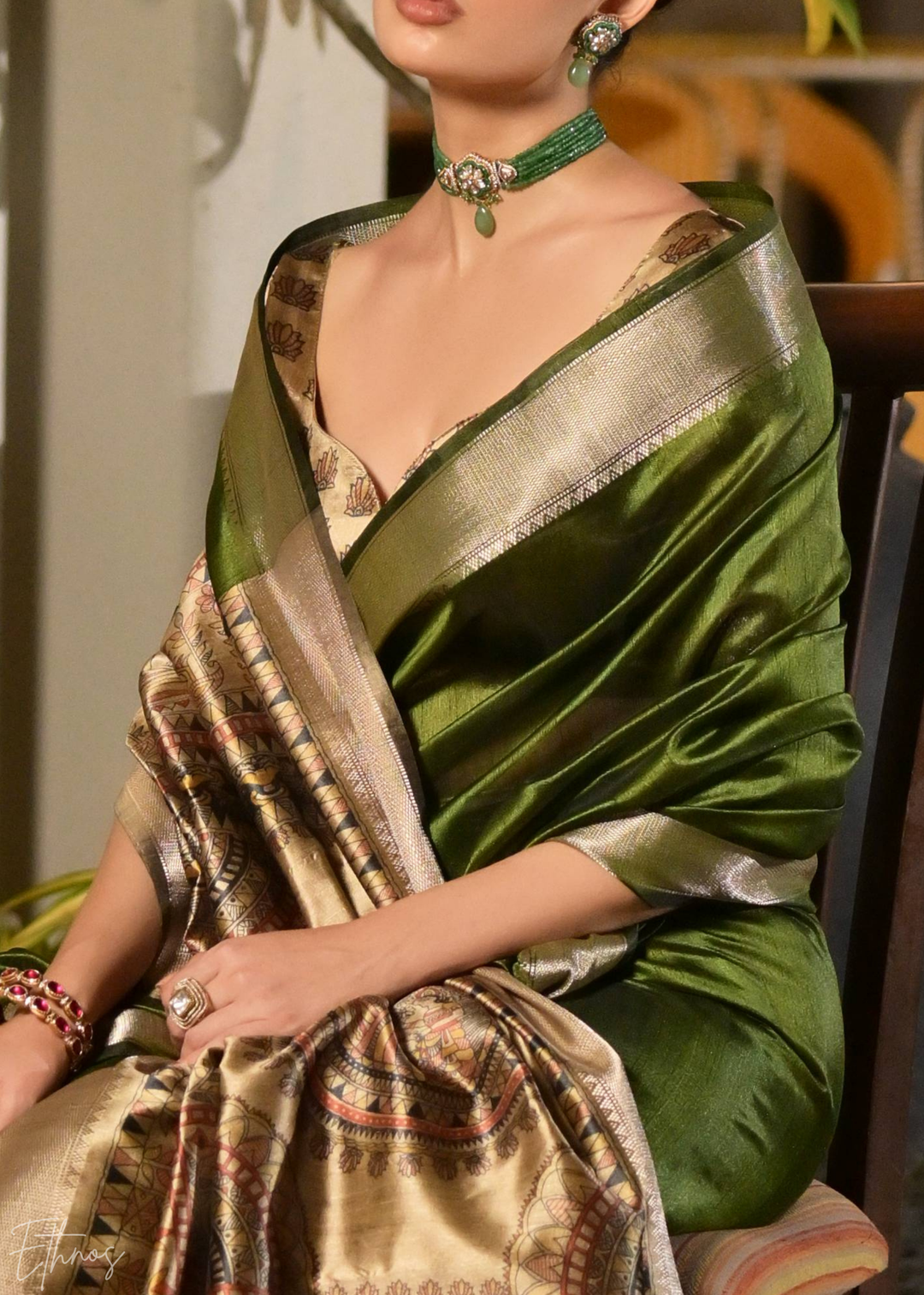 Olive Green Zari Tussar Silk Saree
