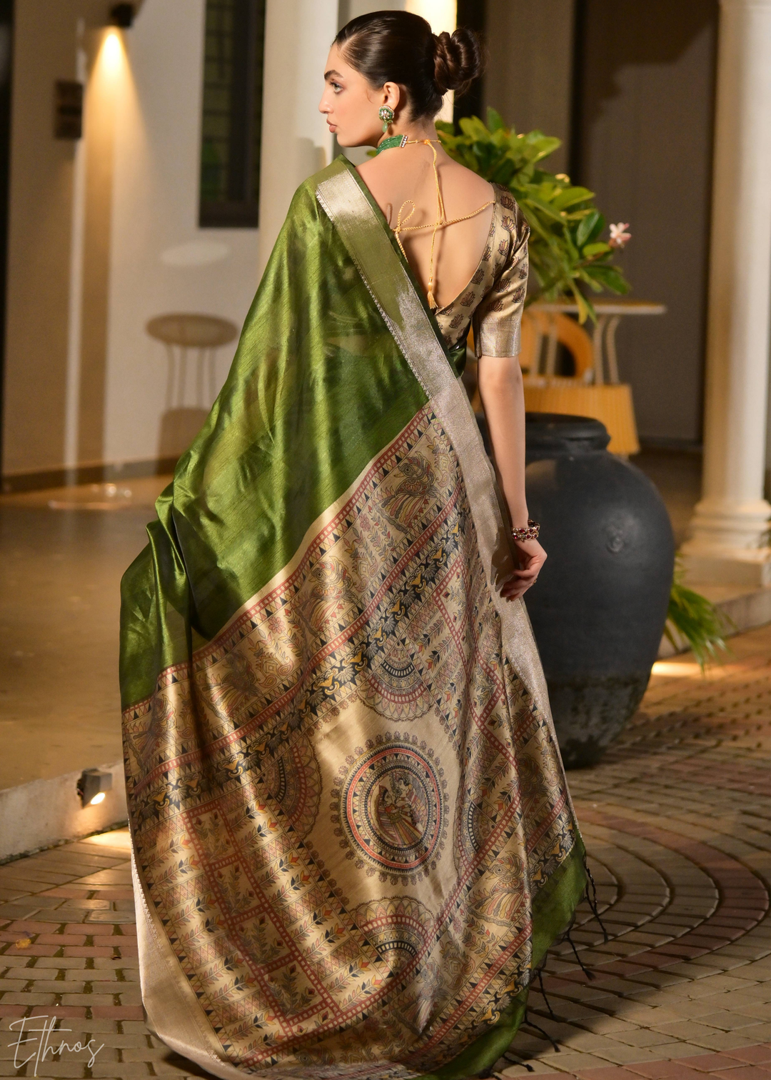 Olive Green Zari Tussar Silk Saree