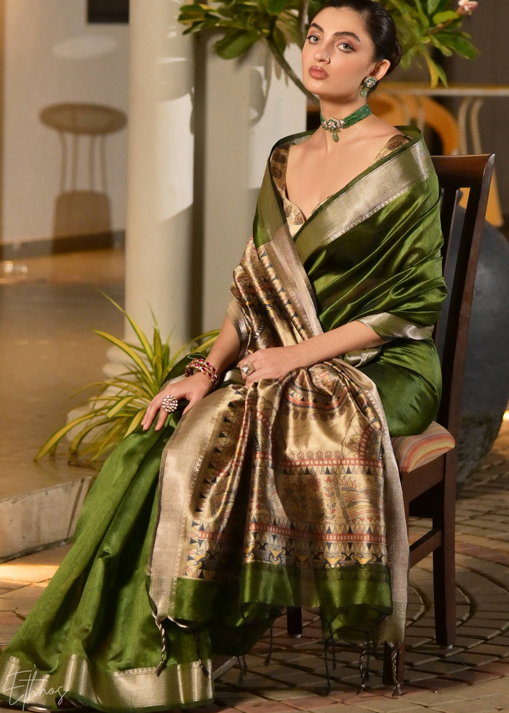 Olive Green Zari Tussar Silk Saree
