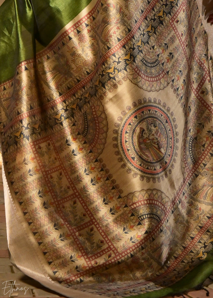 Olive Green Zari Tussar Silk Saree