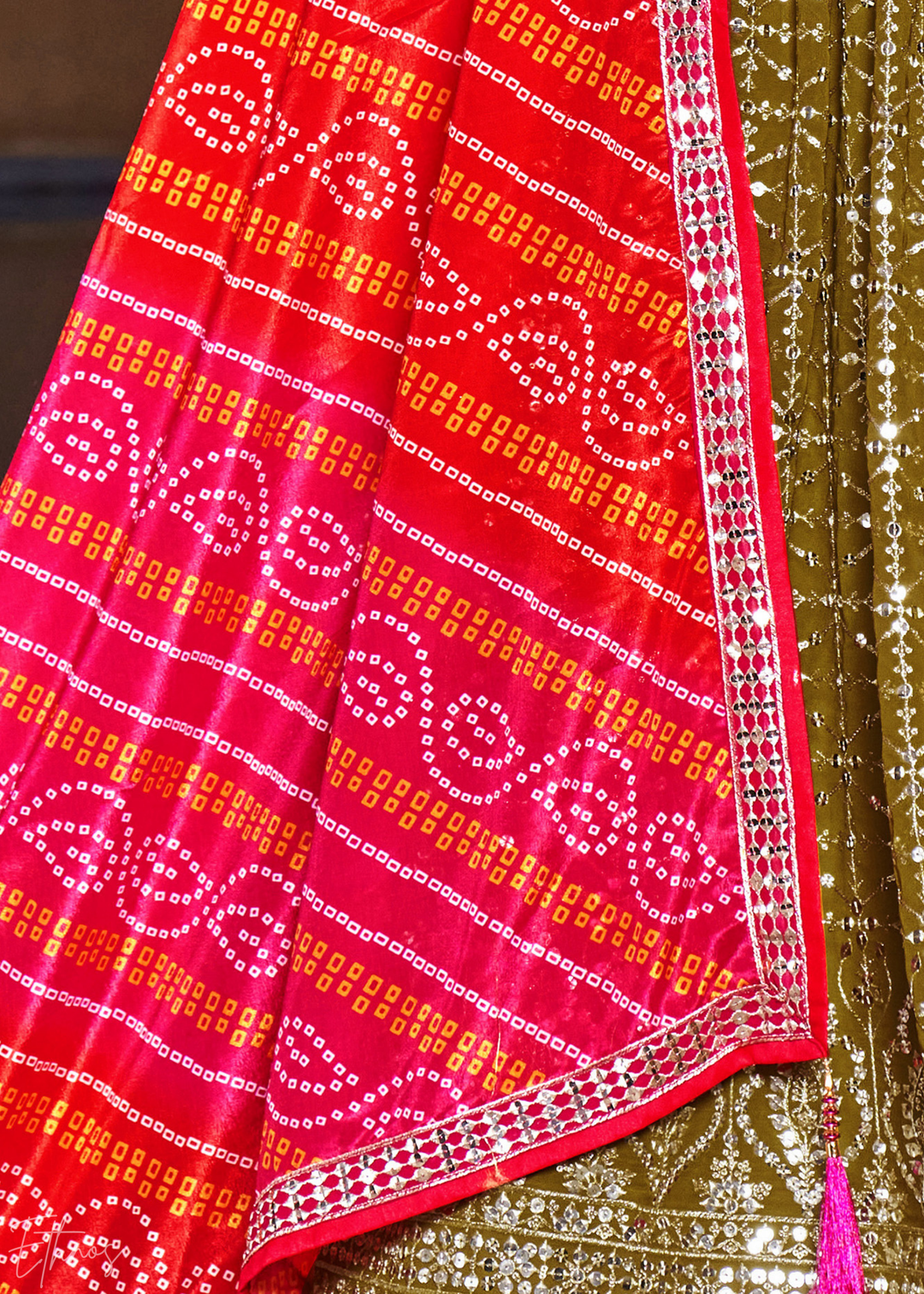 Olive Green & Pink Sequins Georgette Lehenga