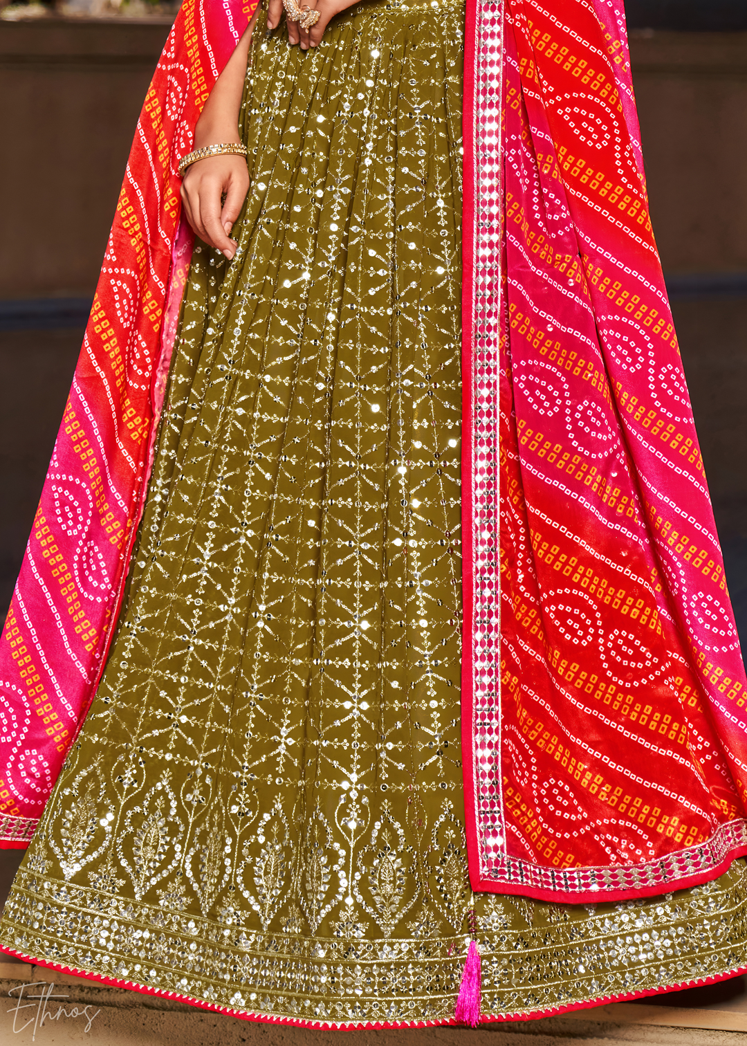 Olive Green & Pink Sequins Georgette Lehenga