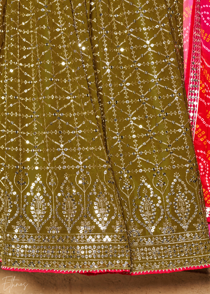 Olive Green & Pink Sequins Georgette Lehenga