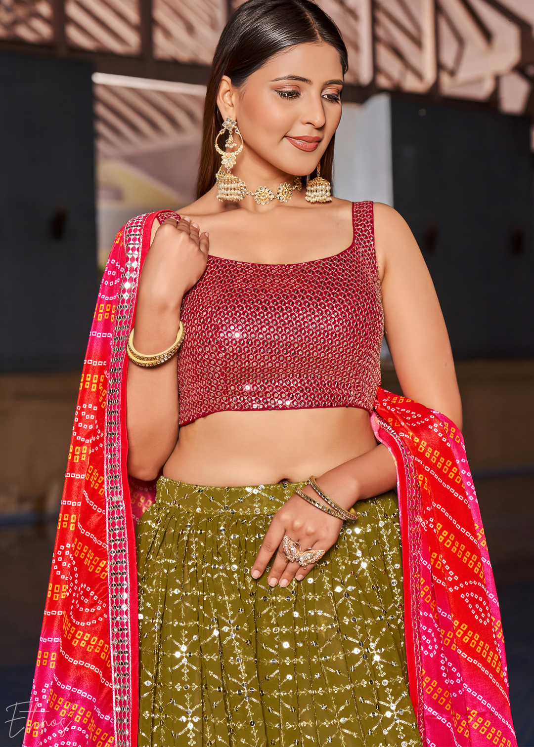 Olive Green & Pink Sequins Georgette Lehenga
