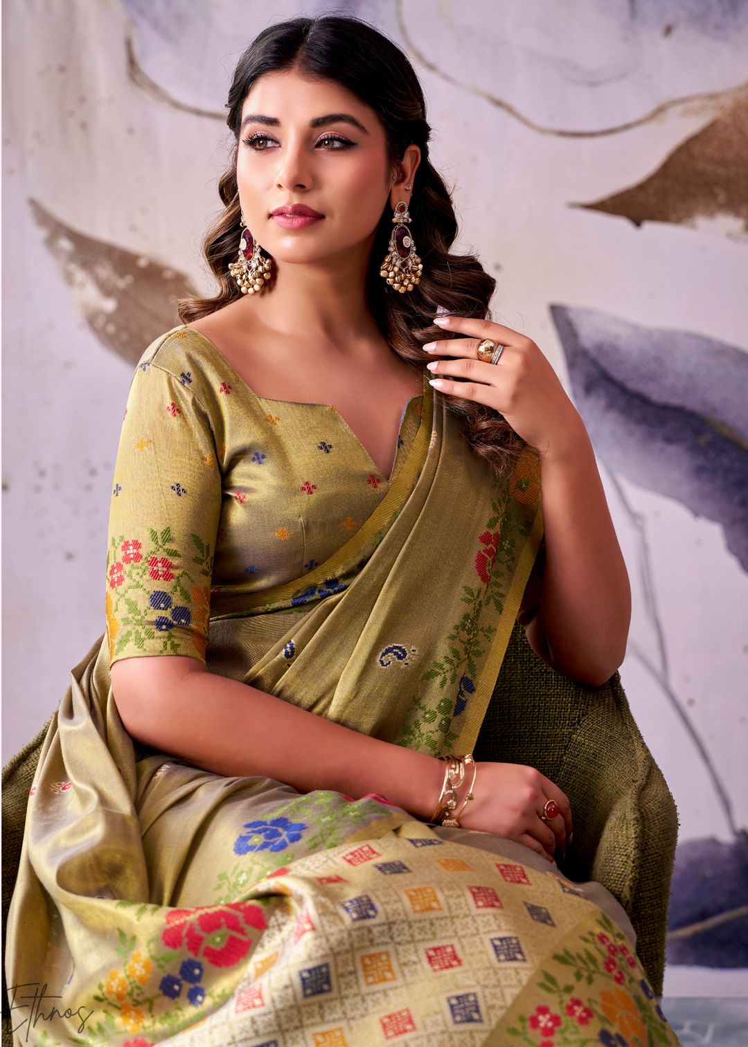 Olive Green Floral-Patola Pallu Tissue Silk Saree